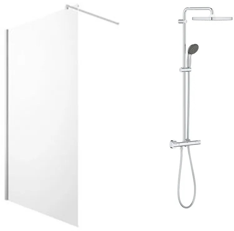 Pachet paravan dus Walk-In Omnires Marina crom 90x200 cm si coloana de dus Grohe Vitalio Start crom