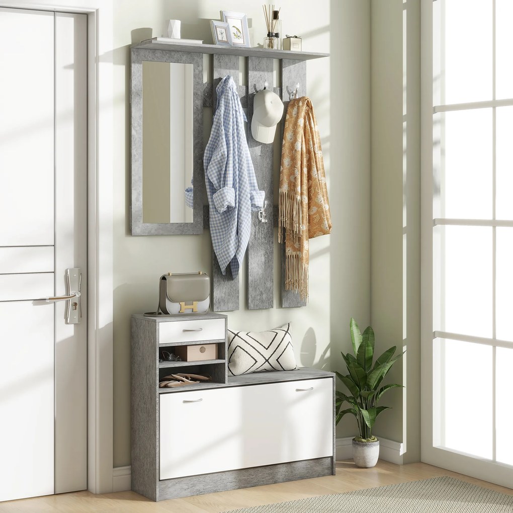 HOMCOM Mobilier Hol, 3 piese, cu Raft pentru Haine, Oglindă, 6 Cârlige, 2 Rafturi și Sertare, 90x24x177 cm, Gri | Aosom Romania
