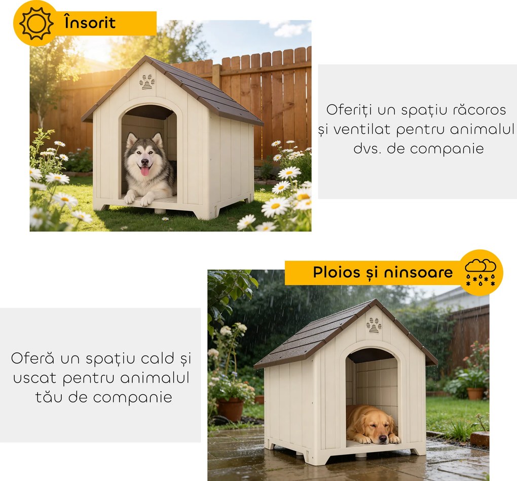 PawHut Căsuță pentru Câini de Exterior, Talie Mare și XL, Adăpost din Plastic Impermeabil cu Bază Ridicată, Ferestre și Acoperiș Înclinat pentru Grădină, Terasă, Curte, 102x94x103 cm, Bej | Aosom Romania