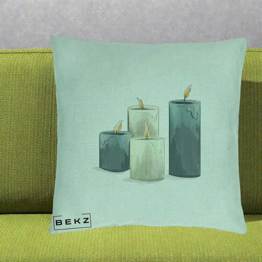 Perna Decorativa Lumanari Hygge Alb-Verde, 40x40 cm, Verde Menta, Husa Detasabila, Perna Inclusa, BEKZ®