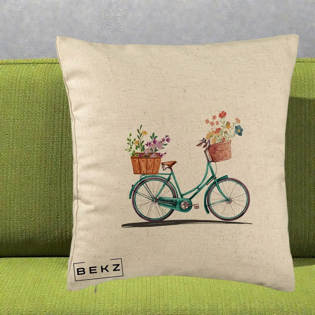 Perna Decorativa Bicicleta Florala Turcoaz Acuarela, 40x40 cm, Bej, Husa Detasabila, Perna Inclusa, BEKZ®