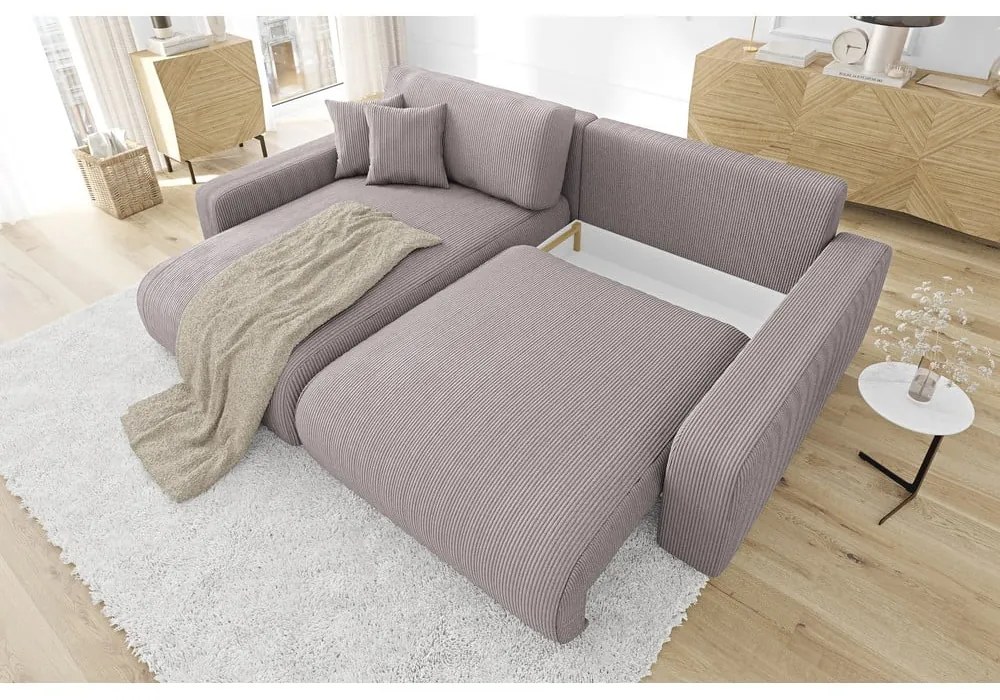 Colțar roz deschis extensibil cu tapițerie din catifea reiată (cu colț variabil) Sara – Ropez