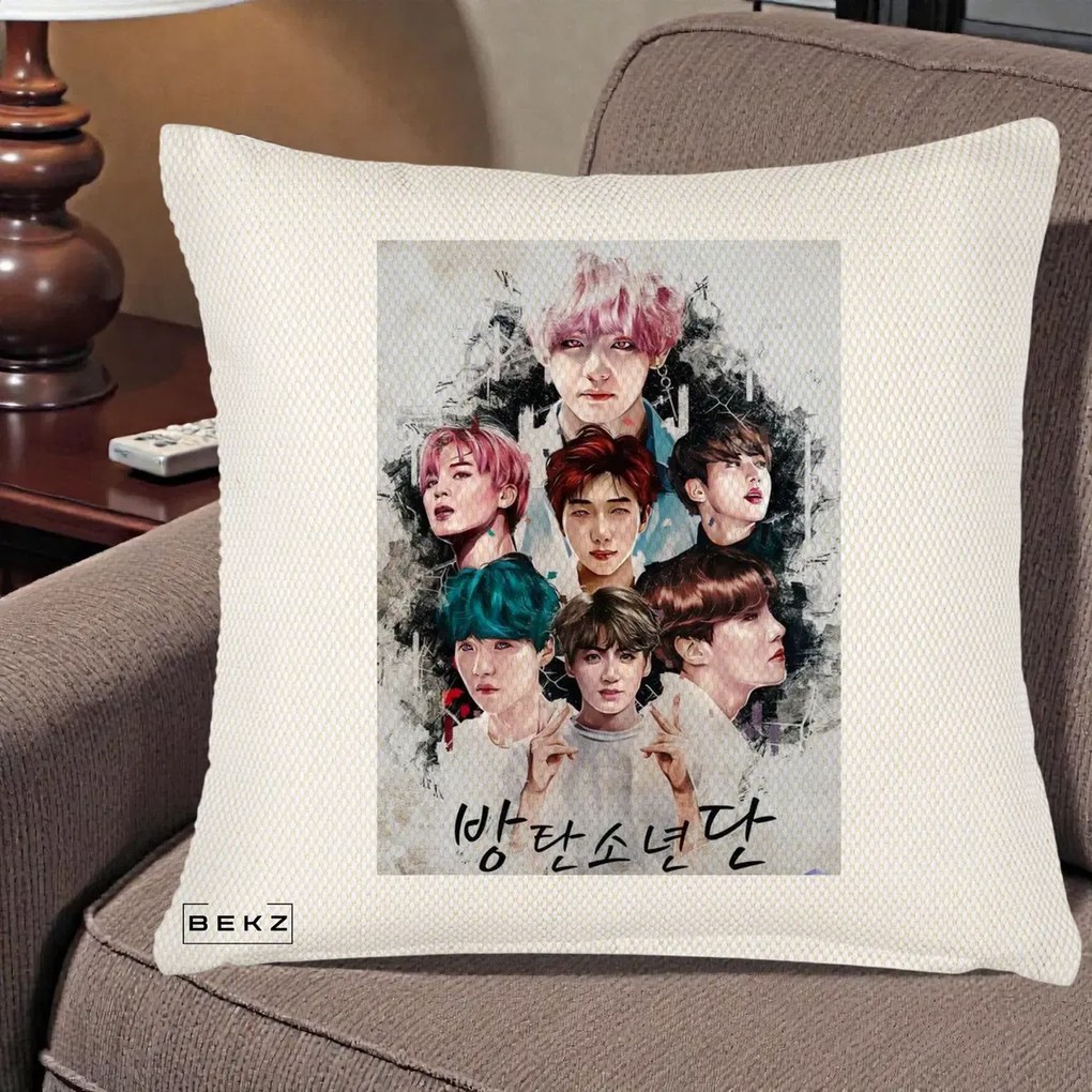 Perna Personalizata K-pop BTS Bangtan Boys Poster Artistic Negru Alb, 40x40 cm, Crem Reliefat, Husa Detasabila, Perna Inclusa, BEKZ®