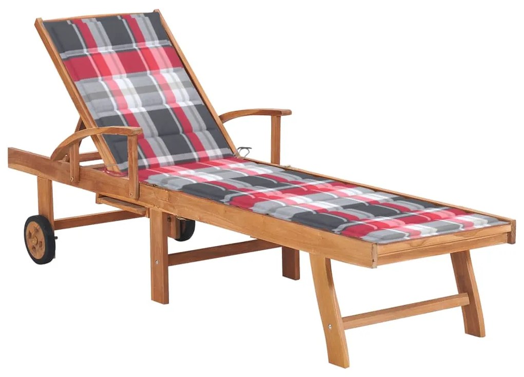 vidaXL Șezlong cu pernă roșu carouri, lemn masiv de tec