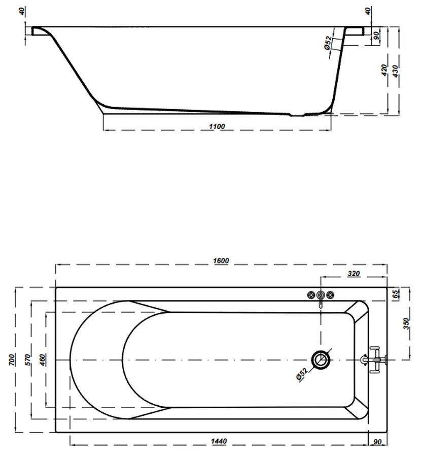 Cada baie incastrata Cersanit Flavia, 160 x 70 cm, dreptunghiulara, alb lucios 1600x700 mm