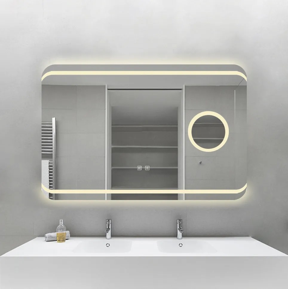 Oglindă Baie LED și Dezaburire Elit's Premium cu Senzor Touch, Lumina Rece, Caldă și Neutră, 90x60cm, Lupa Cosmetica esn141