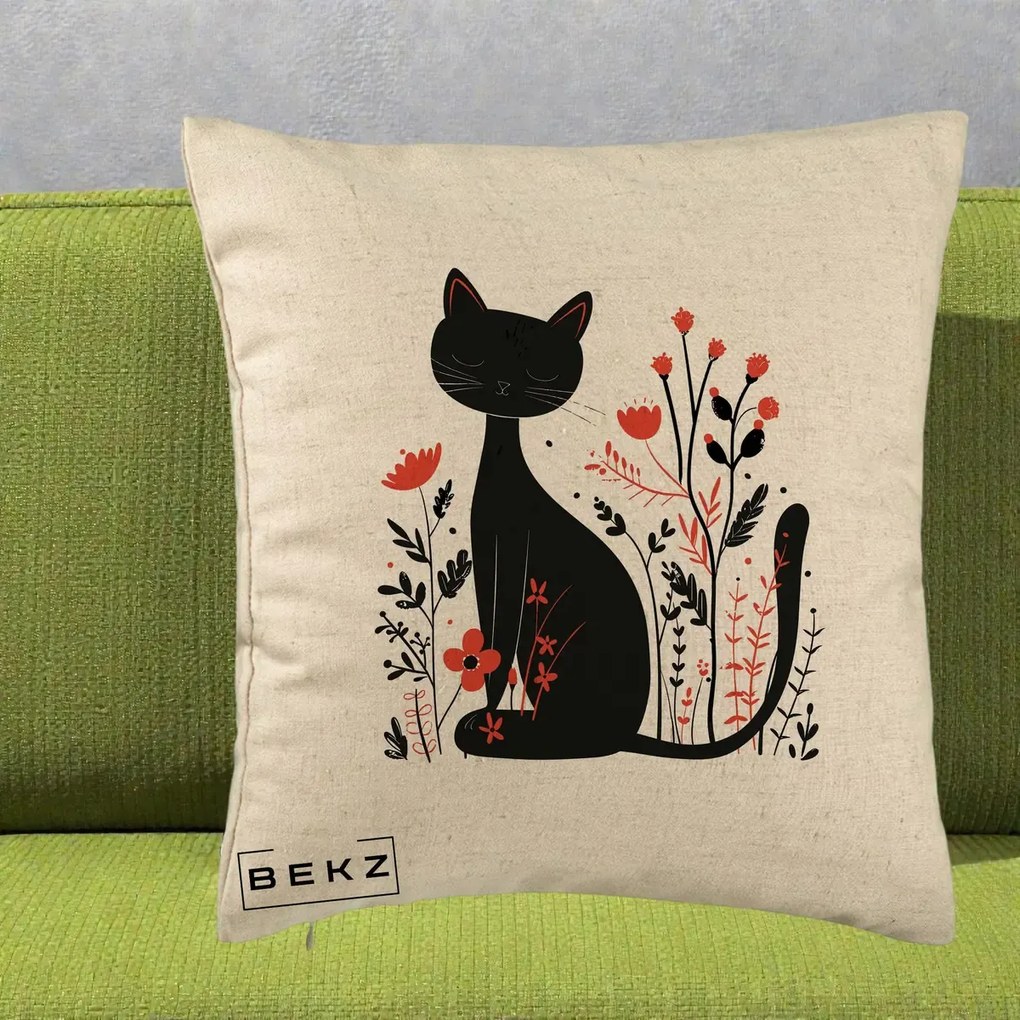 Perna Decorativa Pisica Neagra Flori Rosii Folk Minimal, 40x40 cm, Bej, Husa Detasabila, Perna Inclusa, BEKZ®