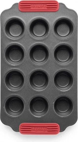 Forma pentru copt briose Lekue 1009479, 31x18x3,7 cm, Strat antiaderent ceramic, Otel carbon, +4°C / +240°C, Negru/rosu