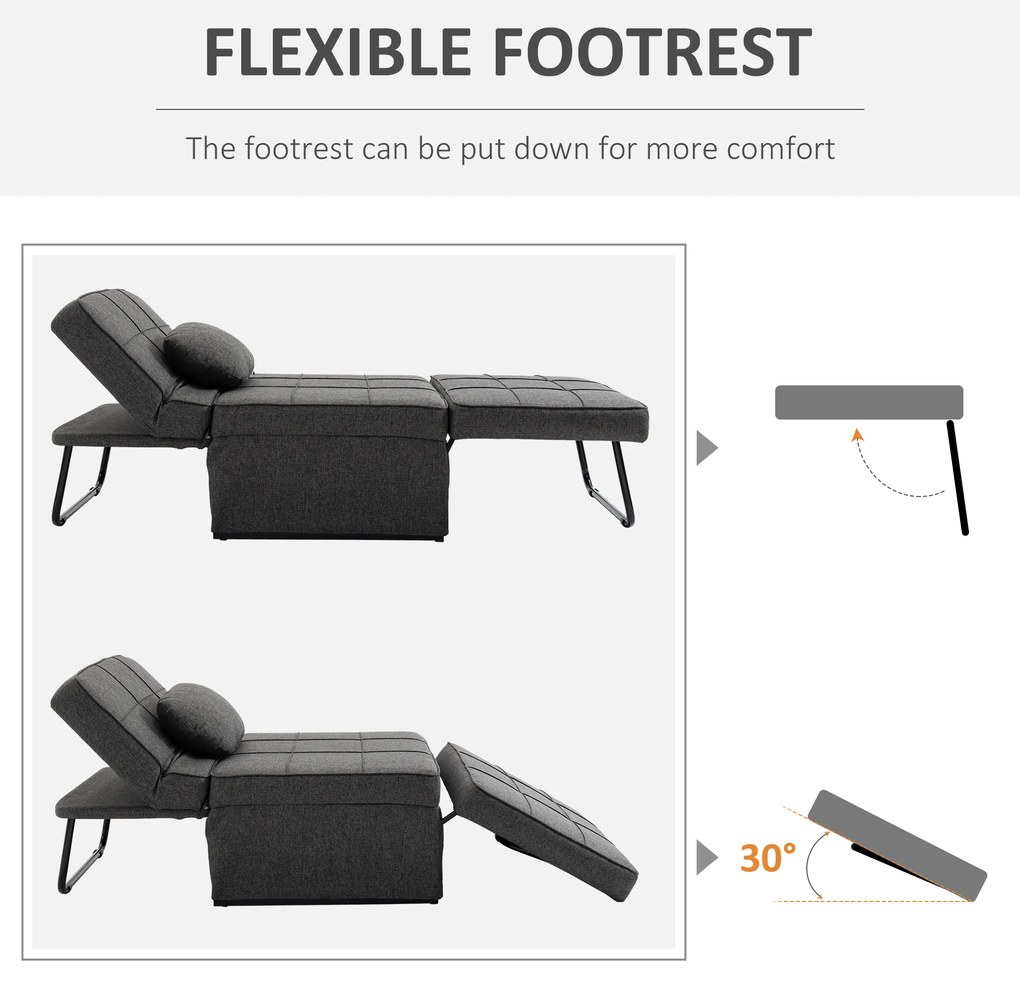 HOMCOM Canapea extensibilă cu Spătar Reglabil pe 5 Nivele și Pernă Suplimentară, 95x179x78 cm, Gri | Aosom Romania