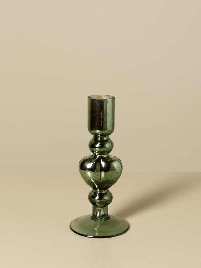 Sfeșnic din sticlă cu inimă sculptată, verde-maro, finisaj lucios, 17×8 cm, „Coeur Vert"
