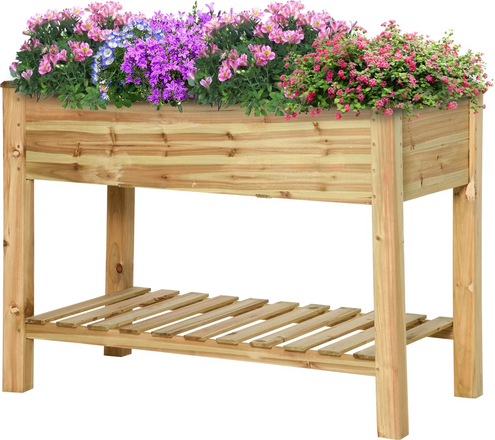 Outsunny Ghiveci înălțat cu etajeră de depozitare din lemn, pătrat de grădină pe picioare ridicat, 113 x 56 x 84 cm, verde | Aosom Romania