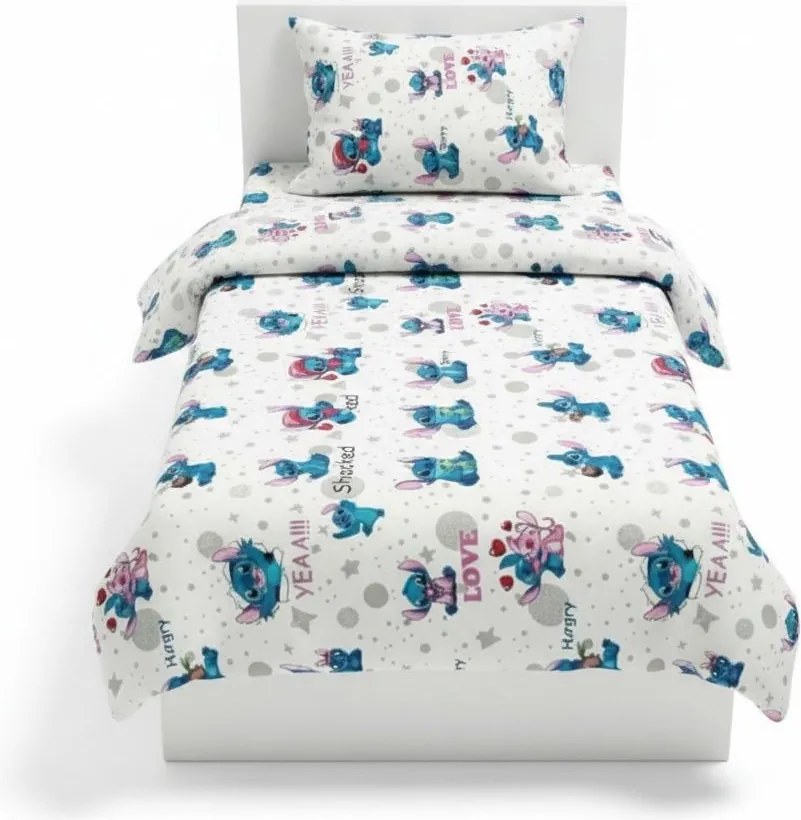 Set 5 piese Lenjerie Angel si Stitch saltele 130x60 compatibile cu pat 2-6 ani + Pilota + Perna - ASC6427968008093
