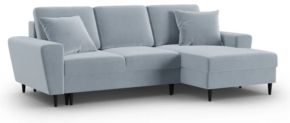 Colțar albastru deschis extensibil, cu spațiu de depozitare cu tapițerie din catifea (cu colț pe partea dreaptă, cu șezlong) Kyoto – Cosmopolitan Design