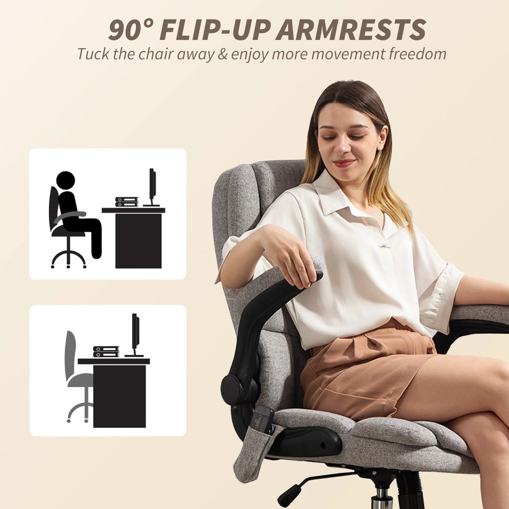 HOMCOM Scaun de Birou Masaj Vibrant cu 4 Puncte, Funcție de Balans și Încălzire, Scaun de Birou în Țesătură de In cu Brațe Pliabile, Înălțime Reglabilă, Gri | Aosom Romania