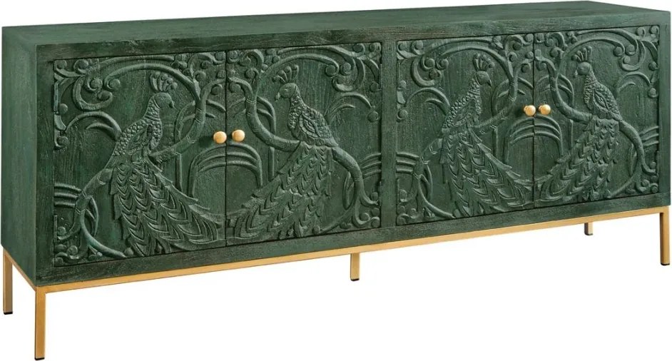Comoda PEACOCK 175cm lemn de mango verde sculptat 3D cu design paun