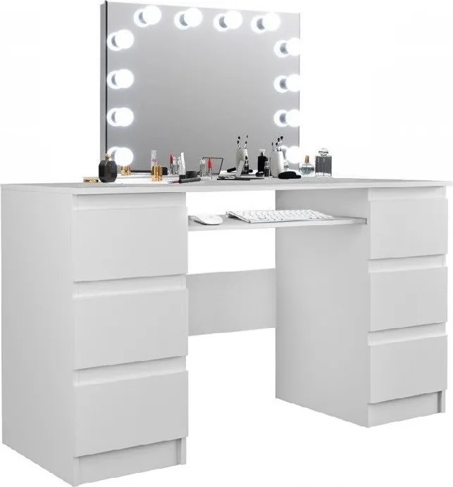 Masuta machiaj cu Oglinda LED si 6 Sertare pentru Cosmetice, Set Masa toaleta 130 cm, Alb, masuta cosmetica, vanity - SEA535