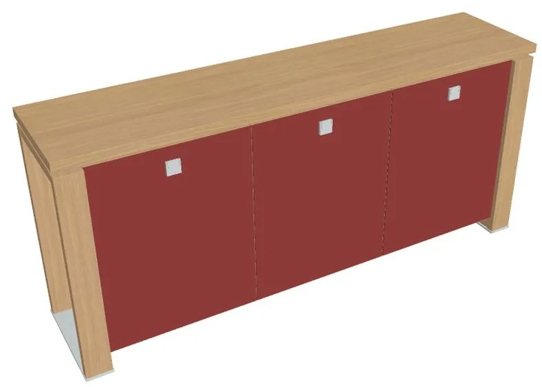 Dulap mic Verno+ 200 x 46 x 90 cm, uși de sticlă, stejar deschis / roșu