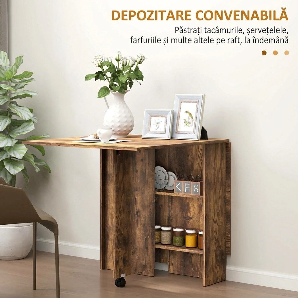 HOMCOM Masa Pliabila de Luat Masa, Masa cu Blaturi pentru Spatii Mici, cu Rafturi cu 2 Niveluri, Masa de Bucatarie Mica cu Rotile de Rulare | Aosom Romania