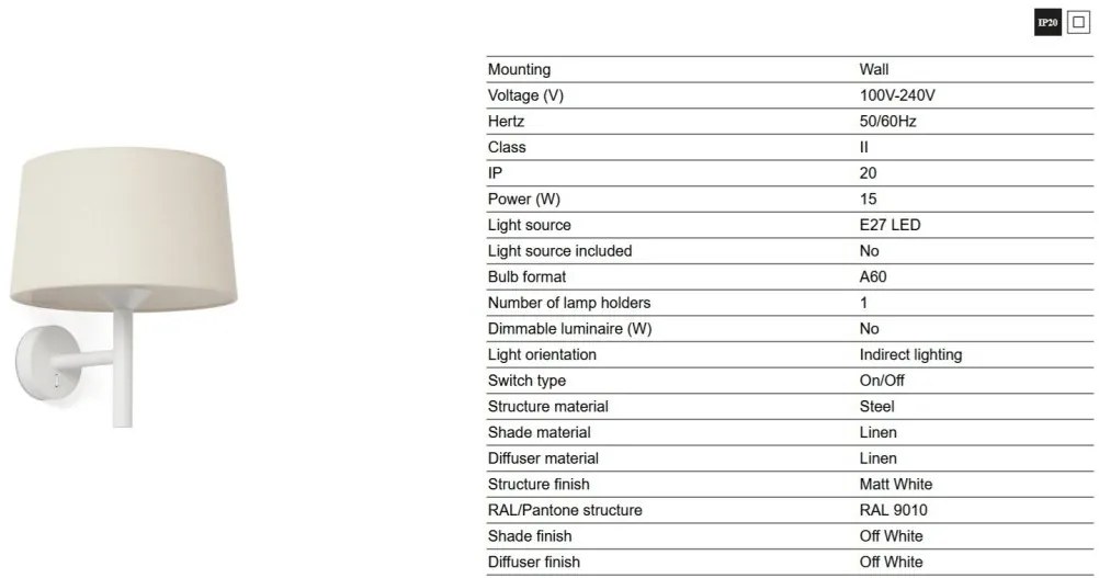 Aplica de perete abajur textil WINDSOR alb