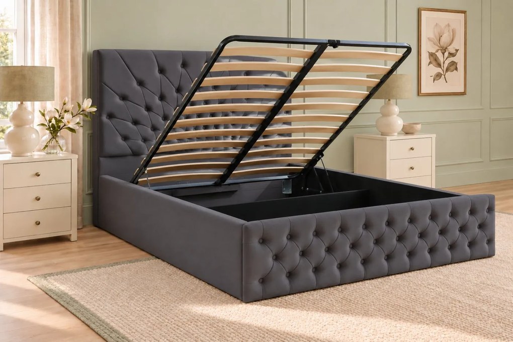 Pat tapițat Chesterfield din catifea Venezia 140×200 cm, gri închis, cu ladă de depozitare