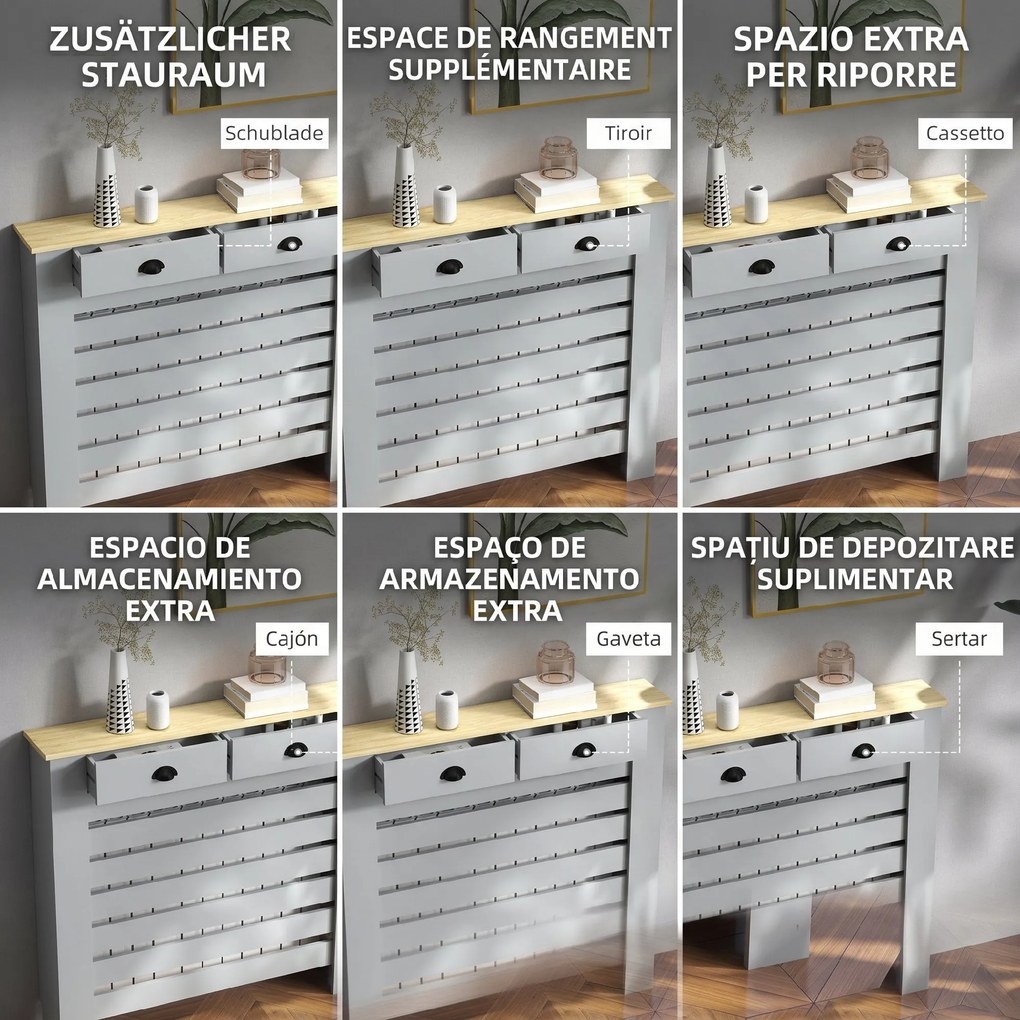 HOMCOM Acoperiș pentru calorifer din MDF cu doghe, cu 2 sertare, 111x19x95.5 cm, Gri | Aosom Romania