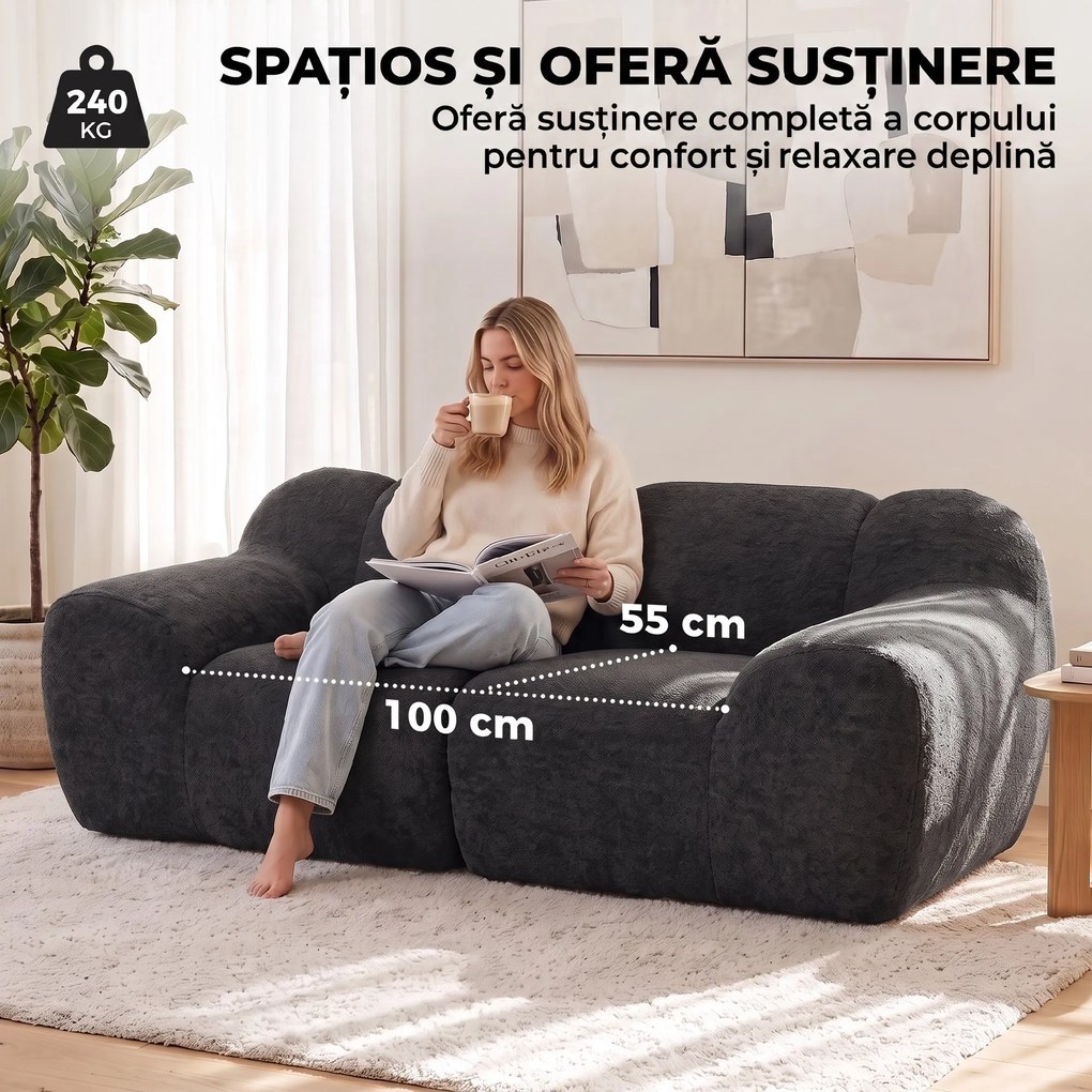 HOMCOM Canapea 2 Locuri din Chenille Fără Structură, cu Șezut Larg și Brațe Largi, 174x91x61 cm, Gri Închis | Aosom Romania