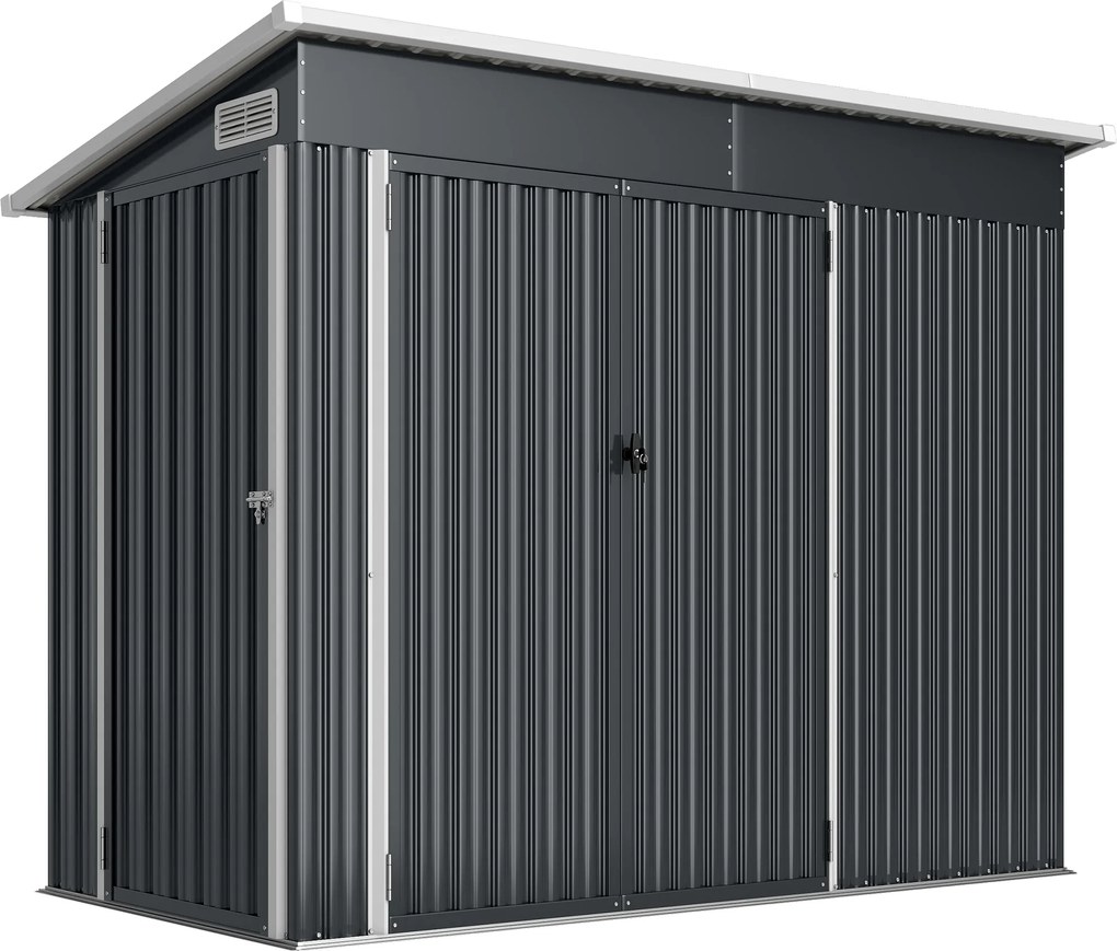 Outsunny Șopron de Grădină 2.68m² din Oțel Galvanizat cu 3 Uși Blocabile, Șopron cu Guri de Aerisire, Acoperiș Înclinat și Mănuși, Depozitare Unelte, 234x132x185 cm, Gri Închis | Aosom Romania