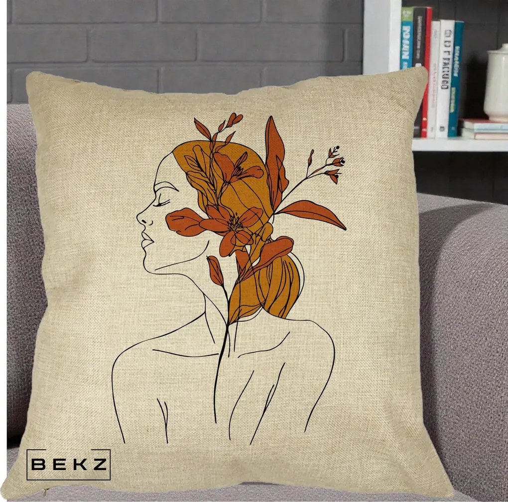Perna Decorativa Portret Feminin Crin Ruginiu Auriu, 40x40 cm, Crem, Husa Detasabila, Perna Inclusa, BEKZ®