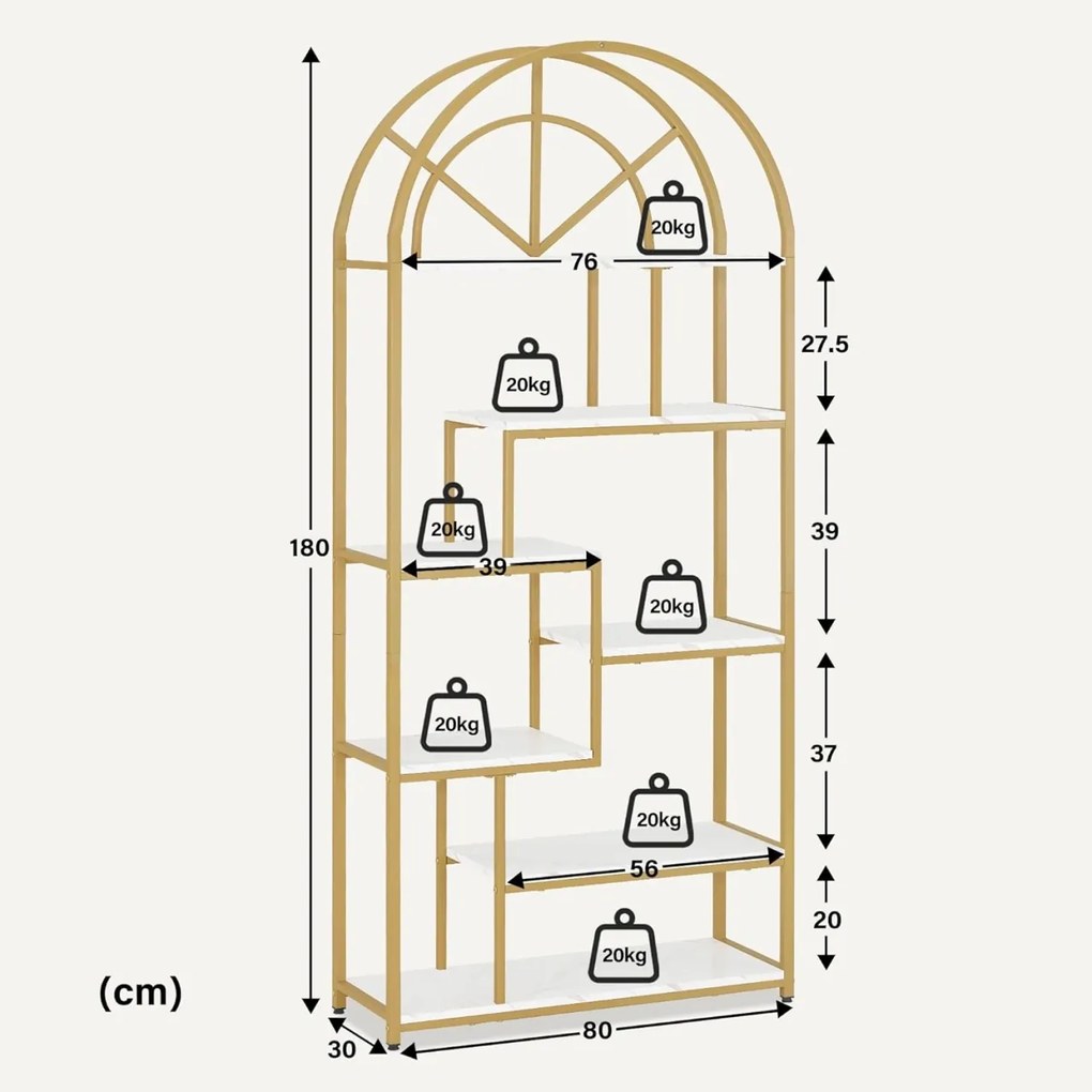 RAAU210 - Raft, 80 cm pentru salon cosmetica, birou, hol, living, baie - Alb imitatie de marmura - Auriu