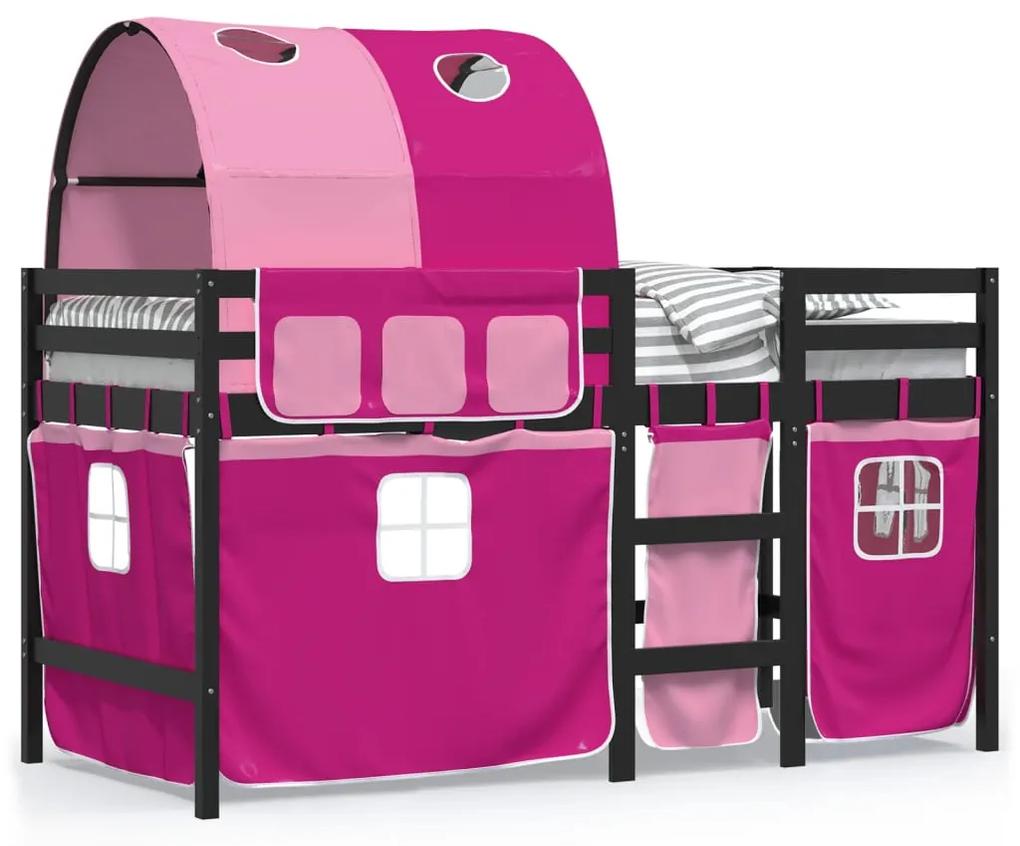 3283852 vidaXL Pat etajat de copii cu tunel, roz, 90x200 cm, lemn masiv pin