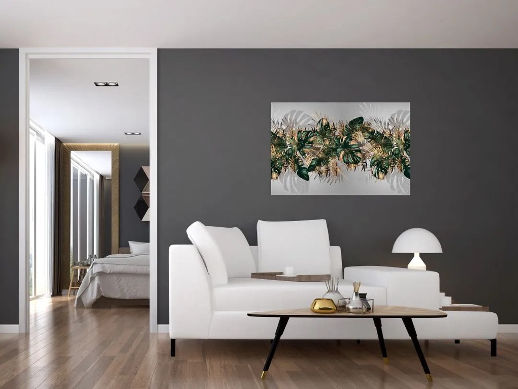 Tablou - Frunze tropicale, Galben - auriu (90x60 cm)