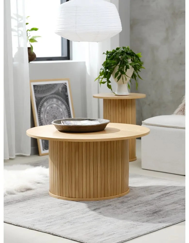 Măsuță de cafea în culoare naturală rotundă cu aspect de lemn de stejar ø 90 cm Nola – Unique Furniture