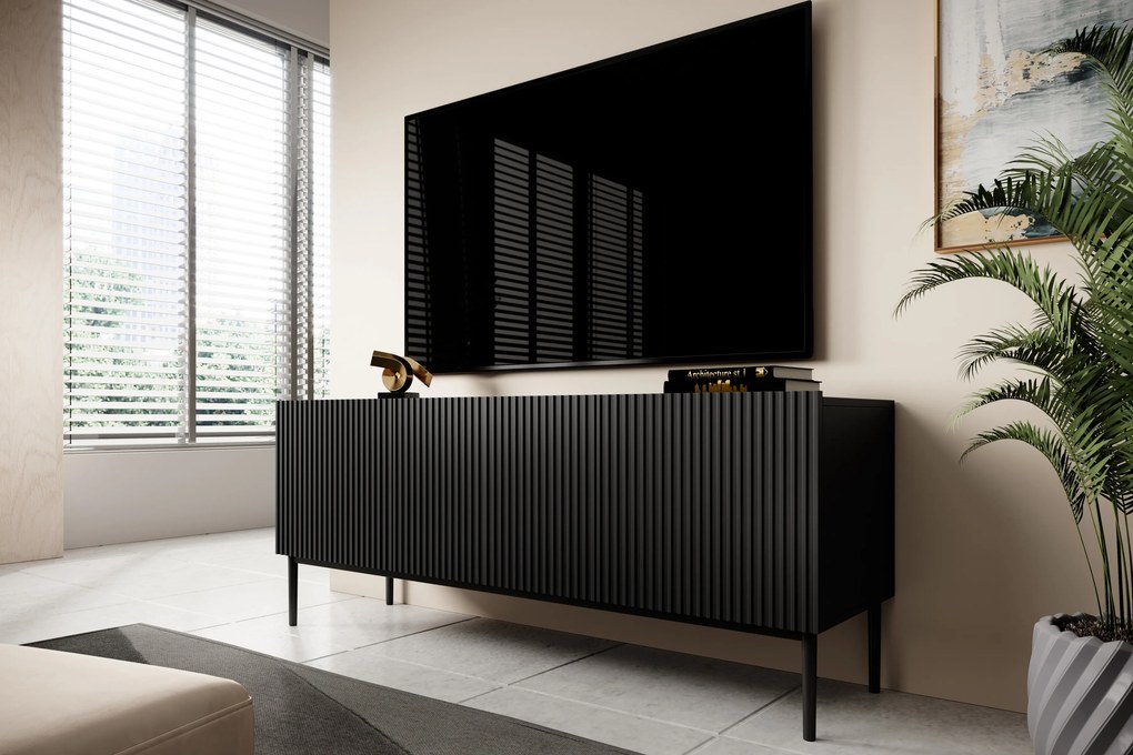 Comodă TV cu sertar Nicole 150 cm pe picioare metalice - negru mat / picioare negre