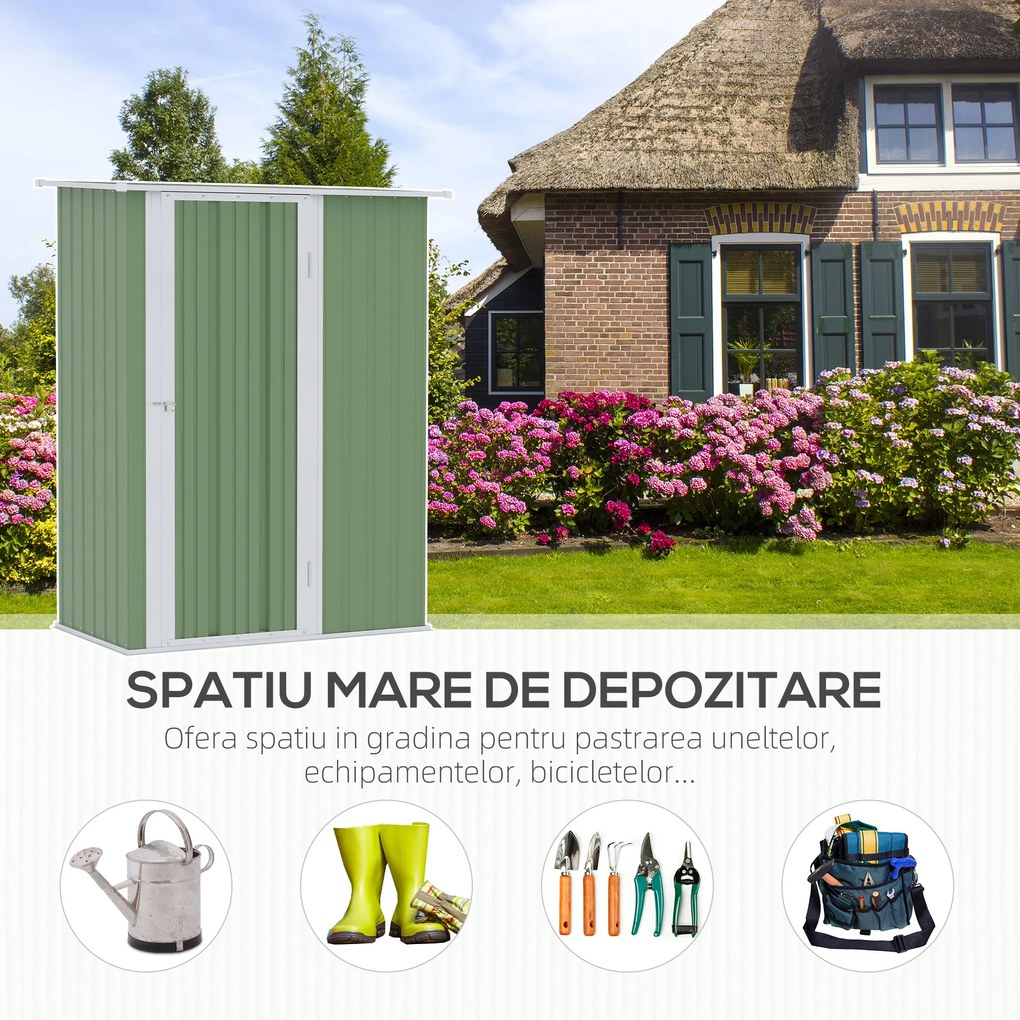 Outsunny Magazie de Gradina sopron Pentru Unelte din Otel, casuta de Gradina Usi Glisante, 142x84x189cm, Verde | AOSOM RO