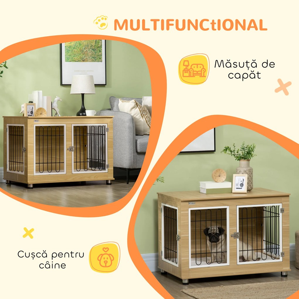 PawHut Cușcă pentru Câini de Talie Medie și Mare cu 2 Uși Blocabile și Pernă Lavabilă, 90x58x65 cm, Stejar | Aosom Romania