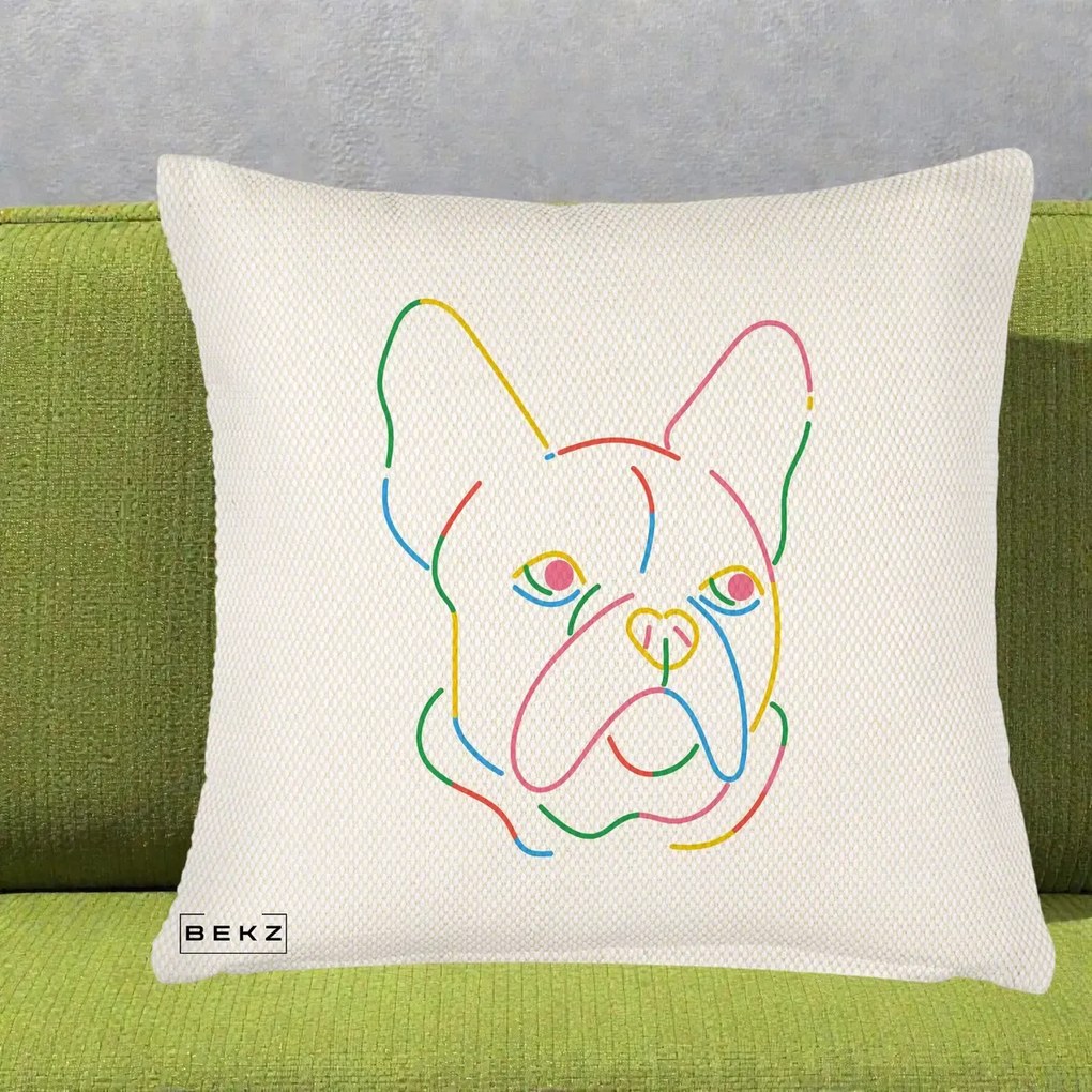 Perna Decorativa Bulldog Francez Line Art Curcubeu, 40x40 cm, Crem Reliefat, Husa Detasabila, Perna Inclusa, BEKZ®