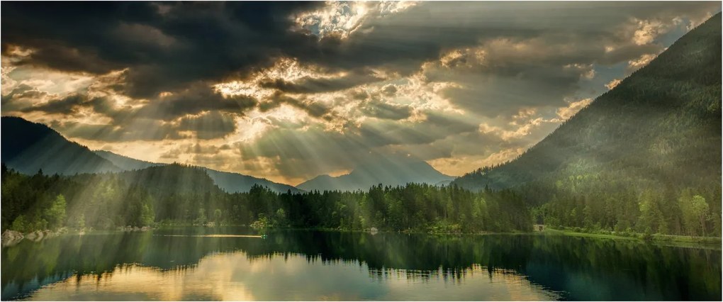 Tablou cu lac și soarele translucid (120x50 cm)