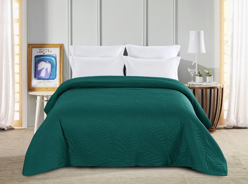 Cuvertura turcoaz pentru pat cu model LEAVES Dimensiune: 200 x 220 cm