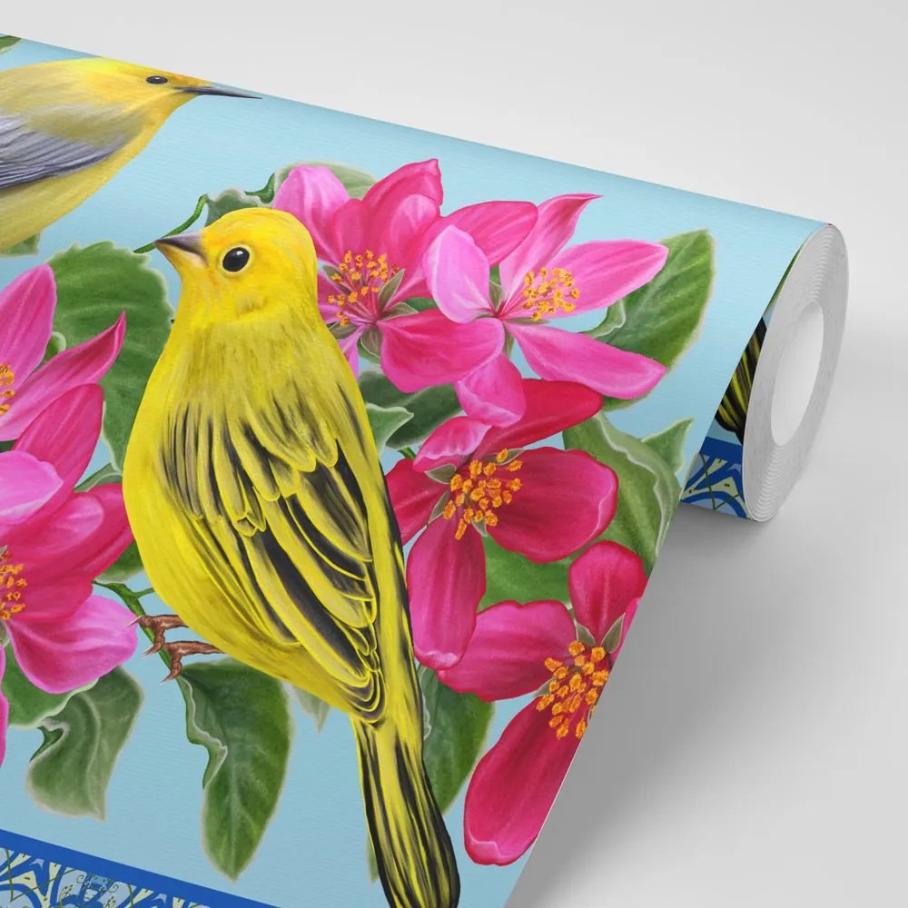 Tapet păsări și flori într-un design vintage