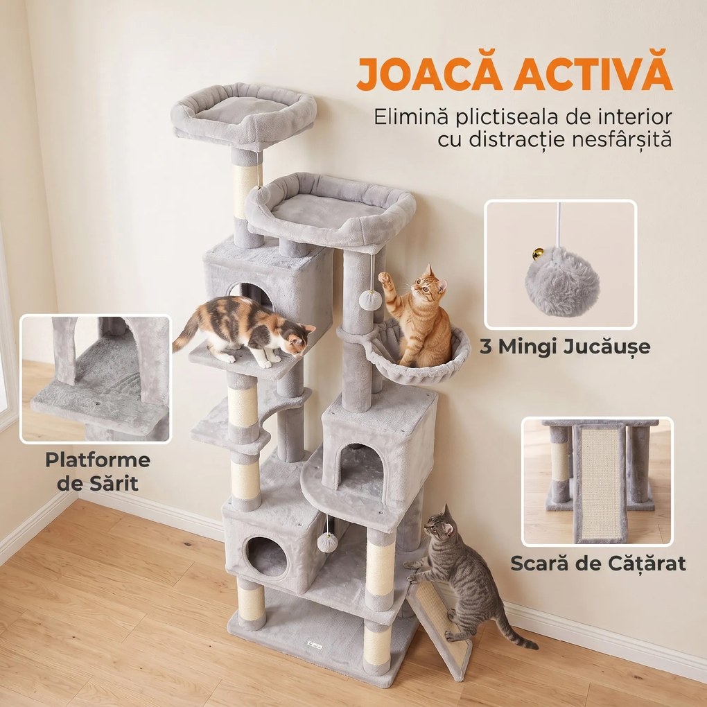 PawHut Ansamblu Pisici 200 cm, Plăci Aglomerate Pluș, Gri Deschis | Aosom Romania