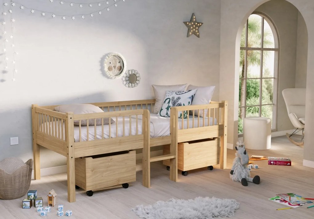 Pat Semi-Înălțat (Mid Sleeper) Forrest Oak 90x200 cm, pentru Camera Copii, din Lemn de Stejar, Natur, cu Scară și 2 Sertare – Vipack