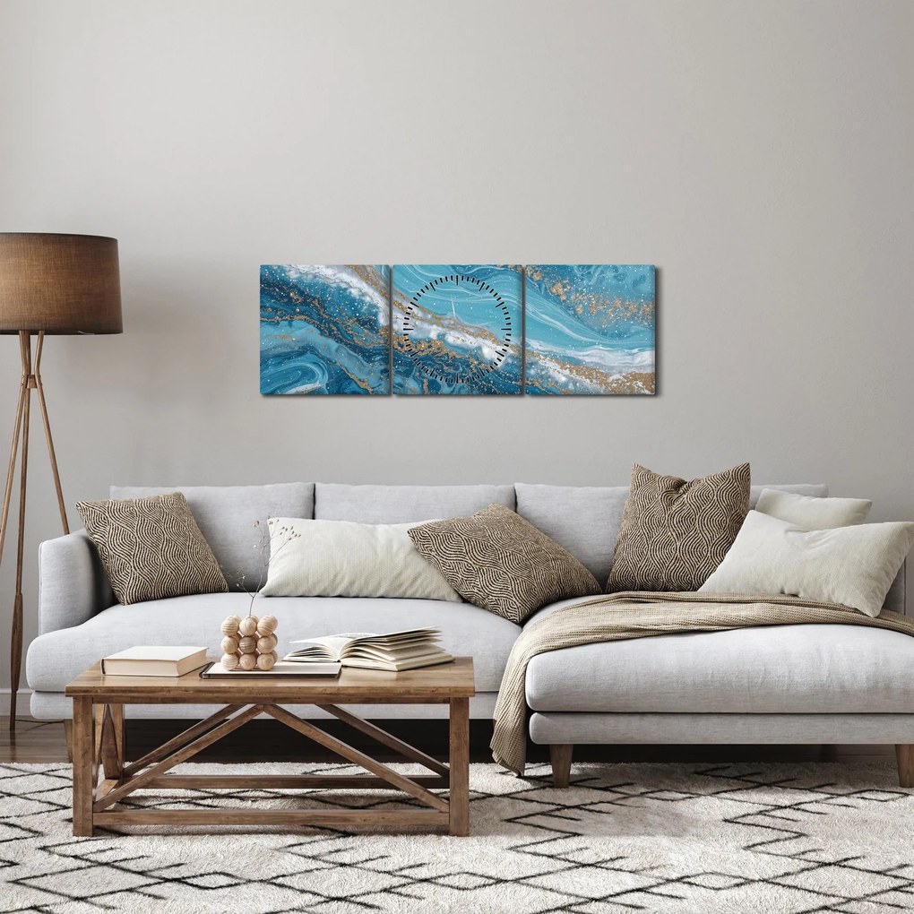 Tablou - Marmură bleu cu aur I. (cu ceas) (90x30 cm)