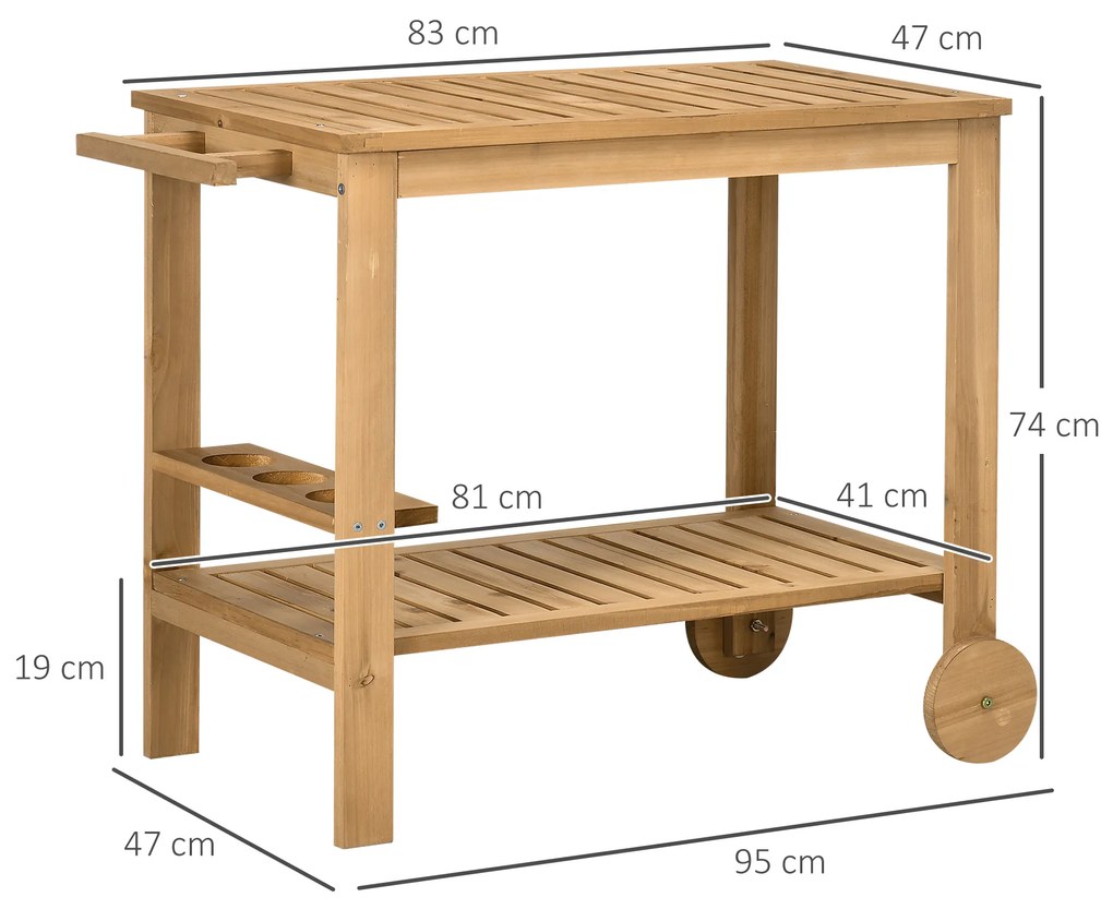 Outsunny Carucior de gradina pentru plancha gratar din lemn cu maner 2 tavi si suport pentru sticle 95 x 47 x 74 cm | Aosom Romania