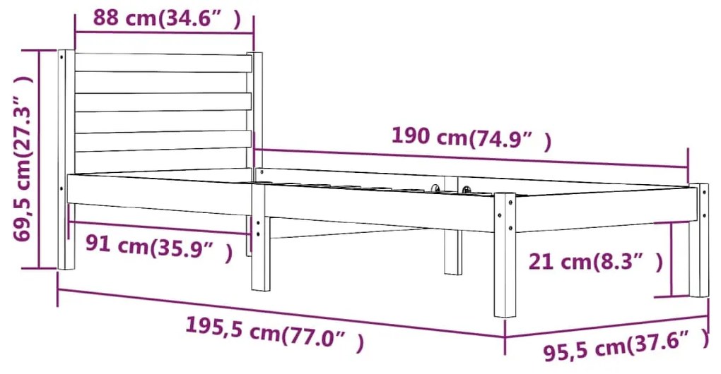 Cadru de pat Single 3FT, 90x190 cm, lemn masiv de pin Maro, 90 x 190 cm
