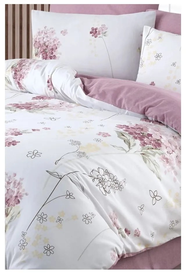 Lenjerie de pat albă/roz pentru pat dublu/canapea extinsă cu cearceaf inclus/cu 4 piese 200x220 cm Floral – Mila Home