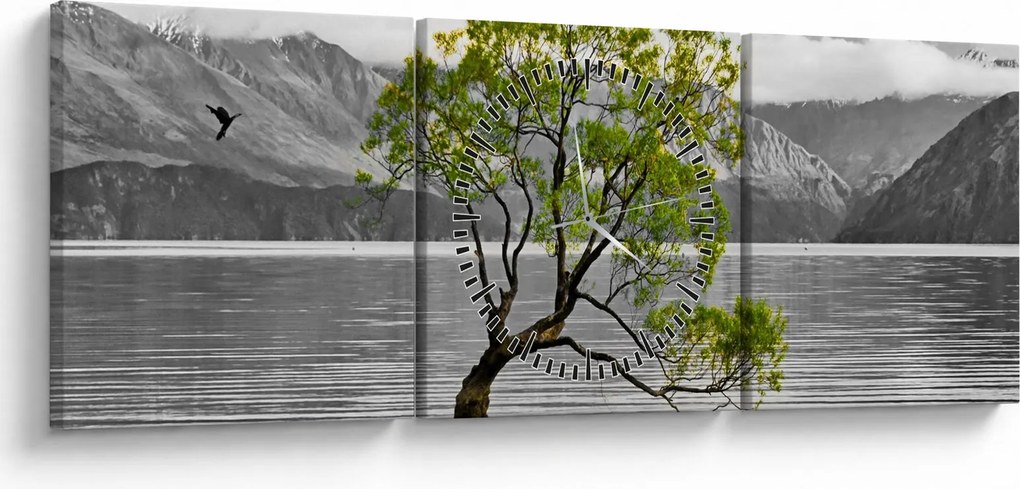 Tablou copacului în mijlocul lacului (cu ceas) (90x30 cm)