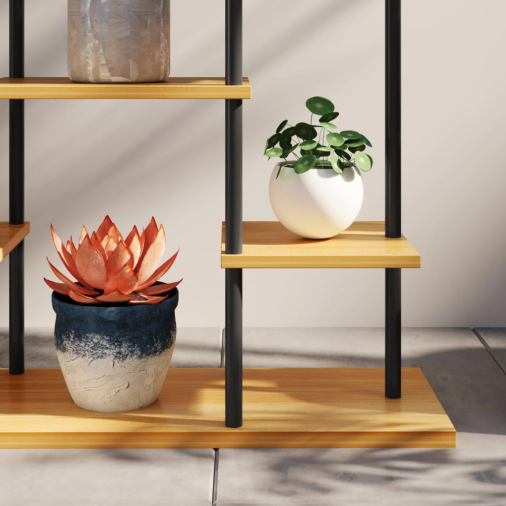 Outsunny Suport plante interior etajeră plantă cu 6 nivele cadru din oțel bază lemn masiv 80 x 24 x 61,5 cm lemn natural | Aosom Romania
