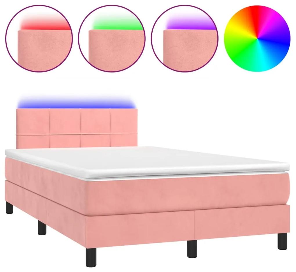 Pat continental cu saltea  LED, roz, 120x200 cm, catifea Roz, 120 x 200 cm, Cu blocuri patrate