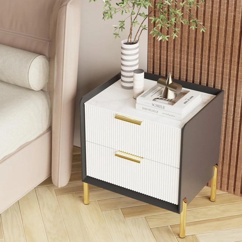 NOG3 - Set 2 Noptiere, 48 cm, cu 2 sertare pentru dormitor, Piele Ecologica si Riflaje - Gri- Alb - Auriu