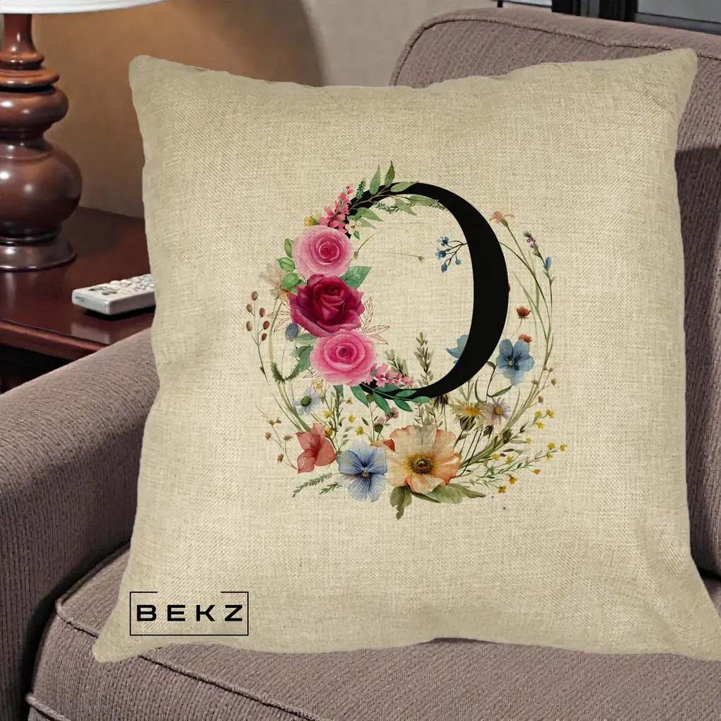 Cadou Personalizat - Perna Personalizata Monogram Litera O cu Flori Acuarela, 40x40 cm, Crem, Husa Detasabila, Perna Inclusa, BEKZ®